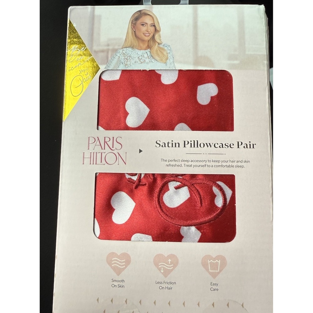 Paris Hilton Red Satin Pillowcase Set w/ White Hearts Standard 2-Pack Valentines